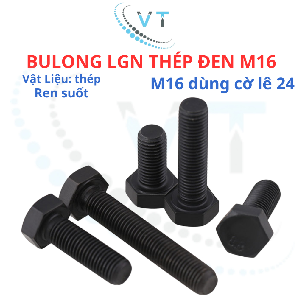 Set 5 con bulong lục giác ngoài đen M16 cấp bền 8.8 M16 dài 30mm - 150mm