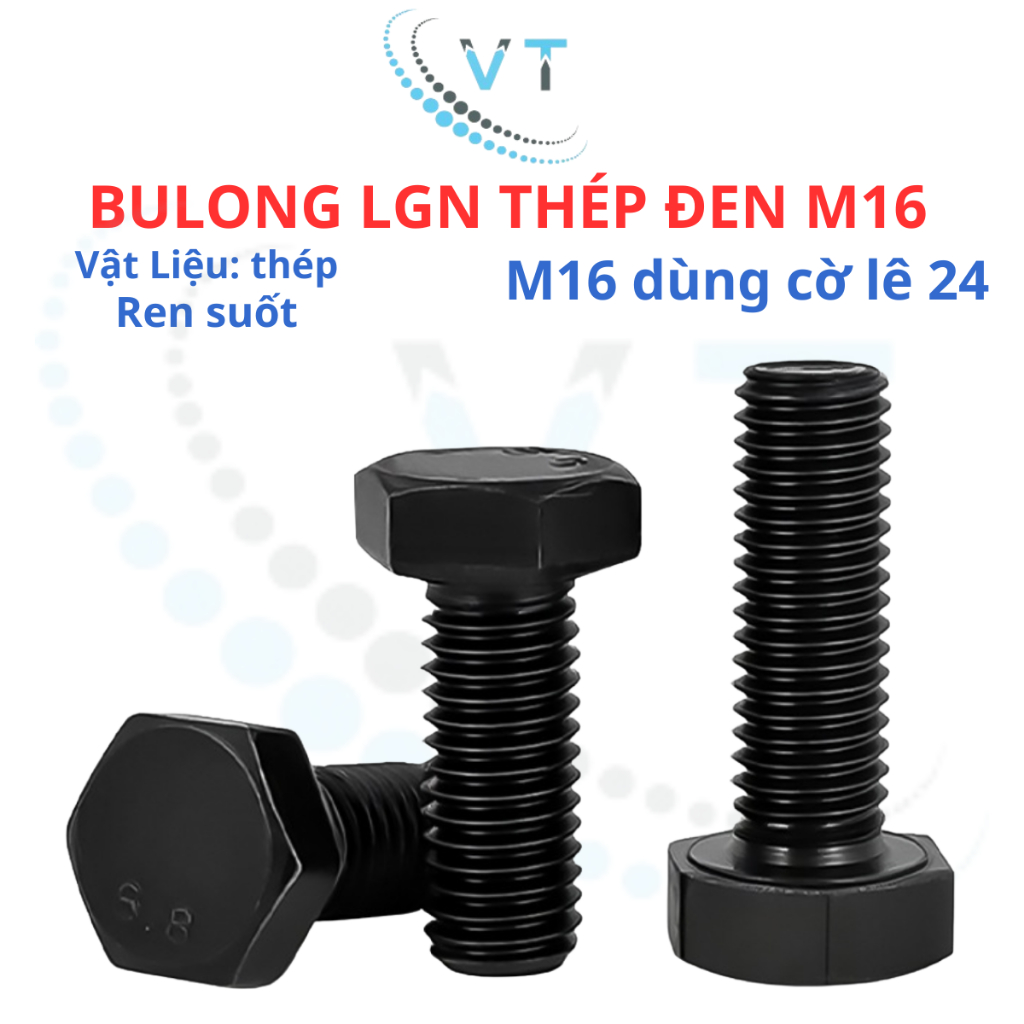 Set 5 con bulong lục giác ngoài đen M16 cấp bền 8.8 M16 dài 30mm - 150mm