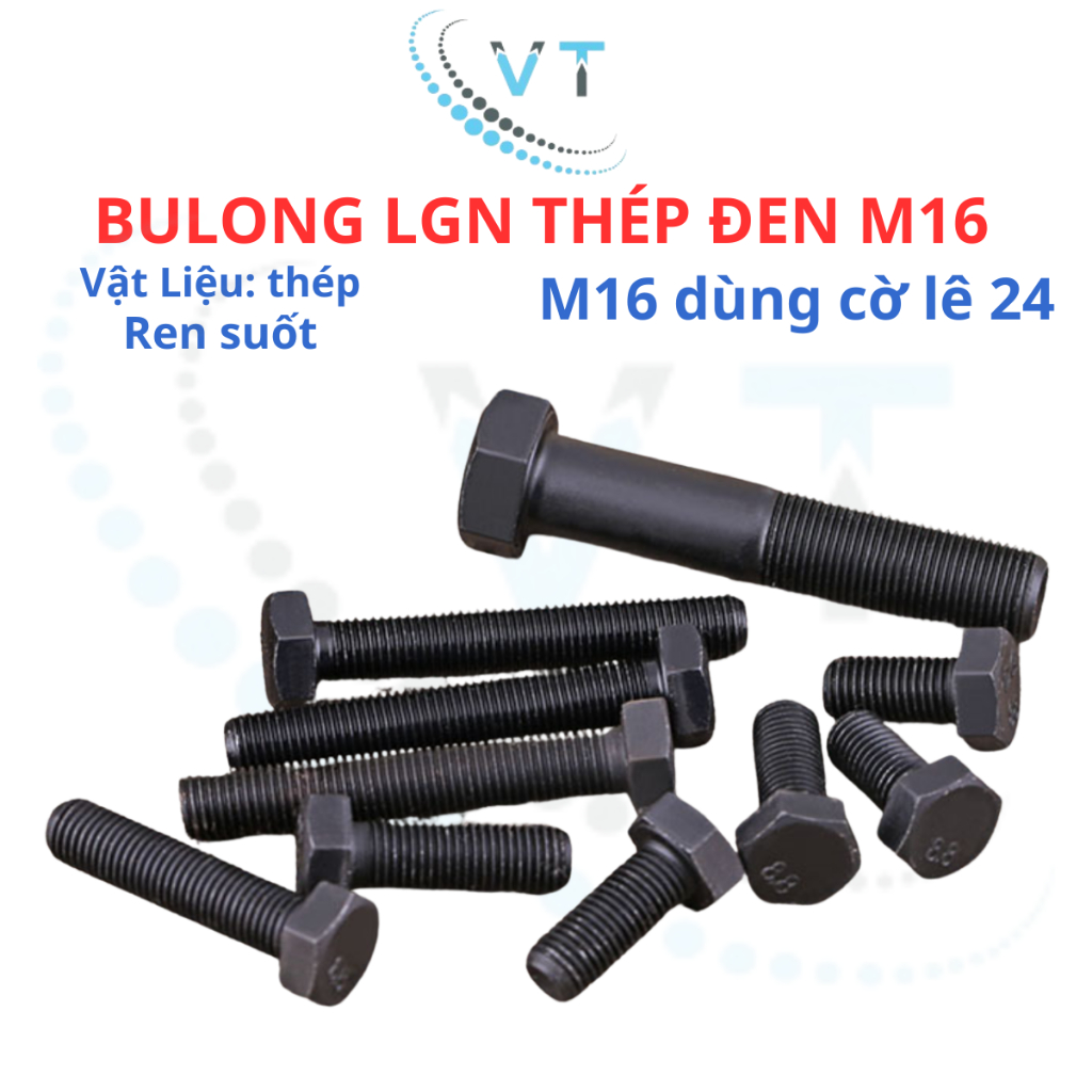 Set 5 con bulong lục giác ngoài đen M16 cấp bền 8.8 M16 dài 30mm - 150mm