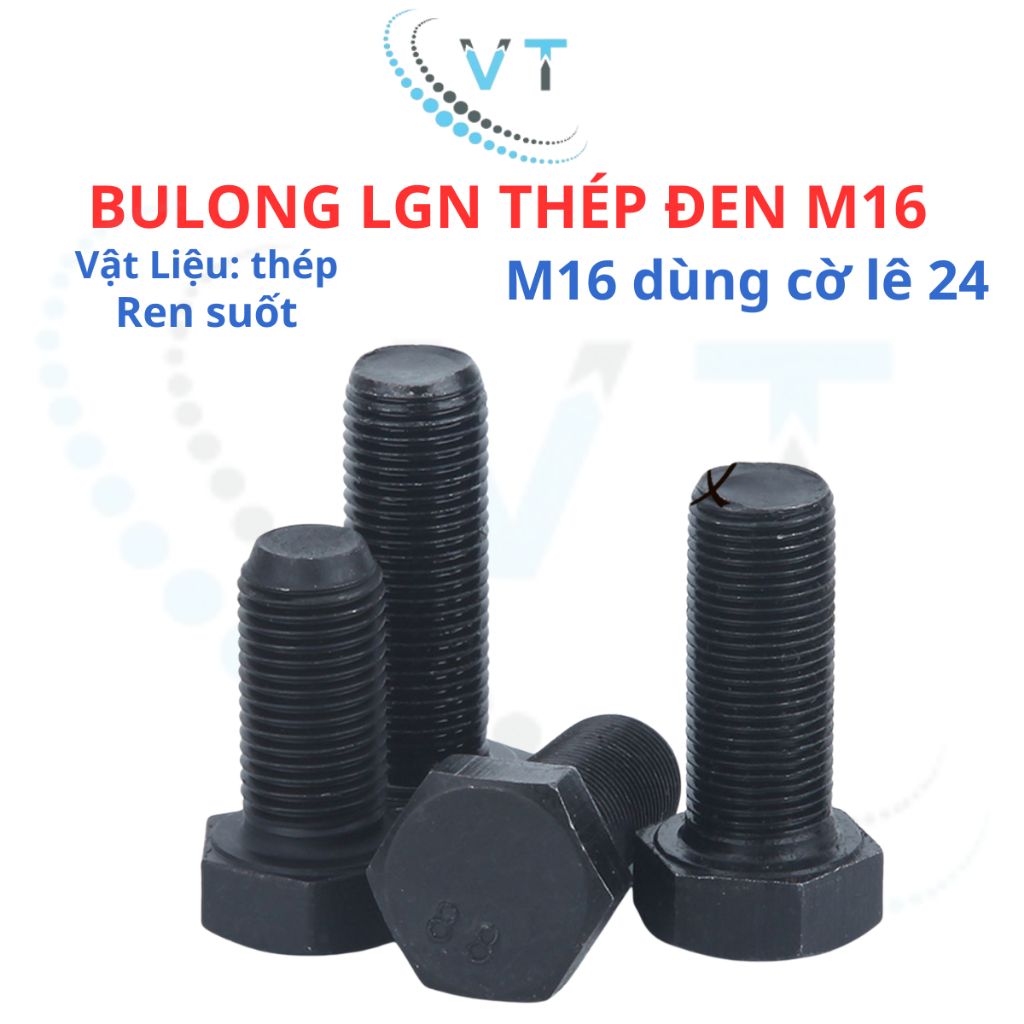 Set 5 con bulong lục giác ngoài đen M16 cấp bền 8.8 M16 dài 30mm - 150mm