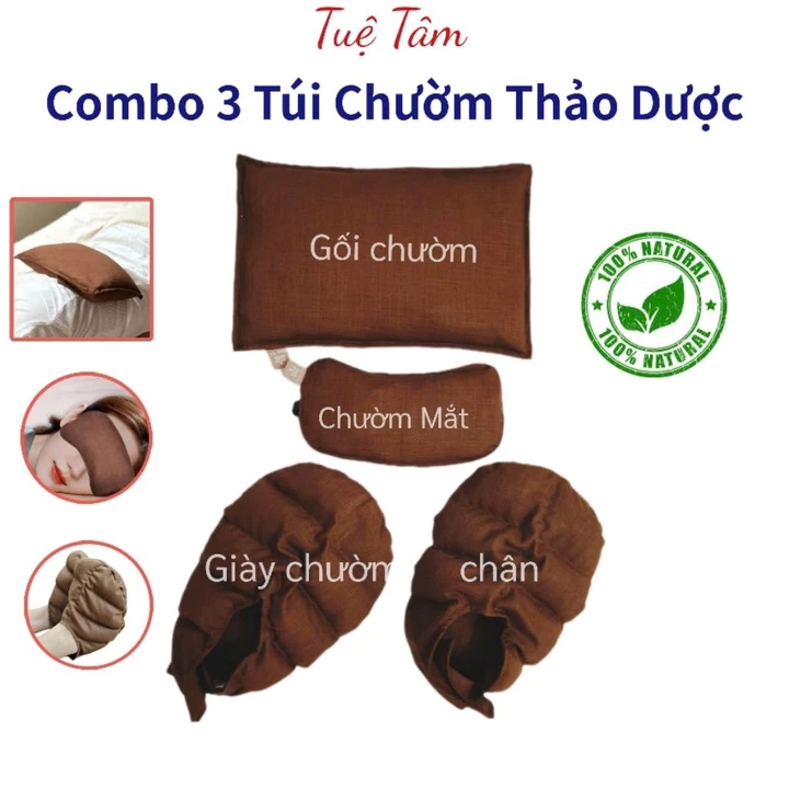 Set 3 Túi Chườm Thảo Dược (GỐI CHƯỜM + CHƯỜM MẮT + GIÀY CHƯỜM CHÂN), Túi Chườm Ngải Cứu, Tuệ Tâm
