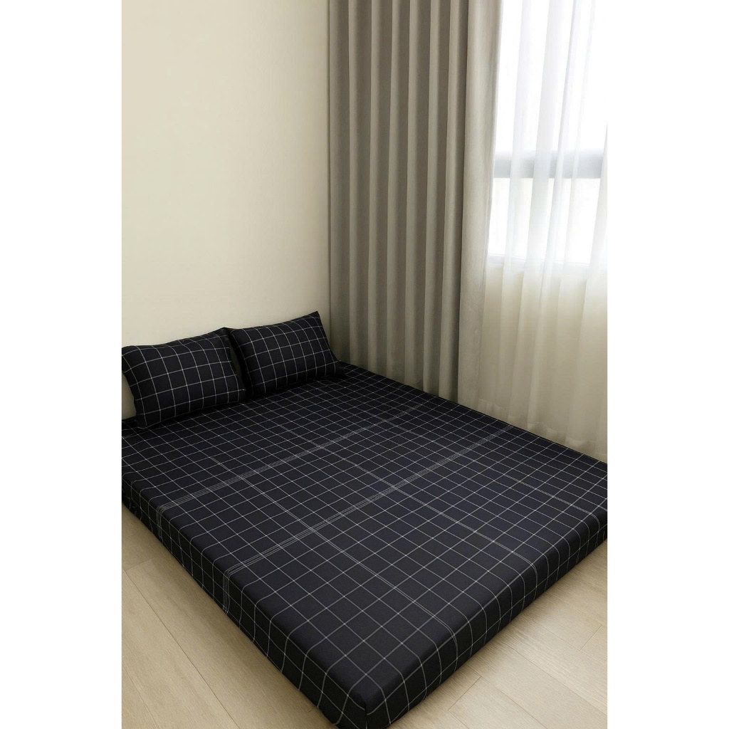 Bộ Ga Gối 3 Món Cotton Poly,1 Ga Chun 2 Vỏ Gối, Bọc Đệm 2–10cm, Không Kèm Chăn,Mẫu sọc đen