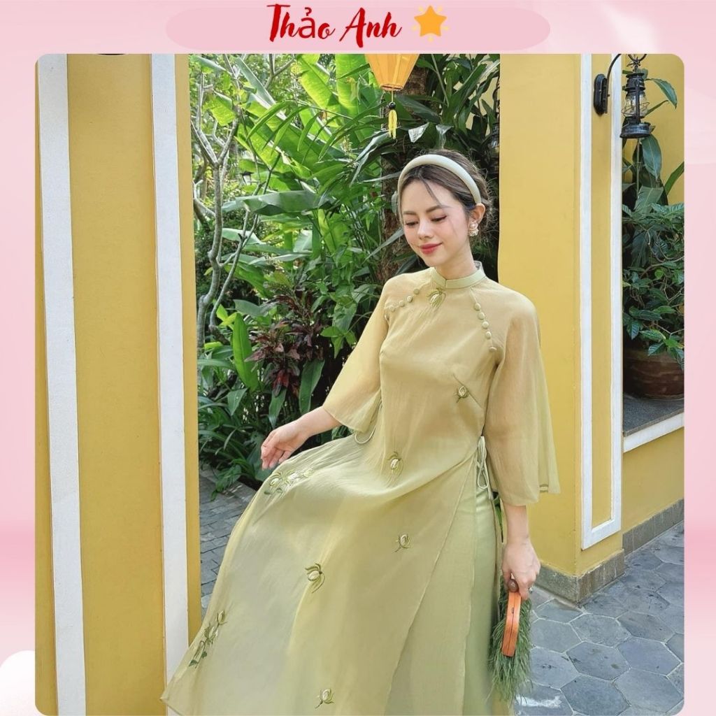 Áo Dài Cách Tân Nhã Kỳ Tơ Thêu Hoa Xanh Tay Lỡ Đính Cúc Hàng May Sẵn ADTA001