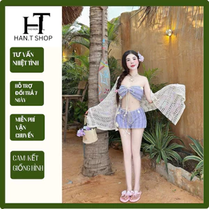 Bikini thiết kế ba món REN SHORT đính hoa kèm khăn choàng ren nữ tính HAN.T SHOP