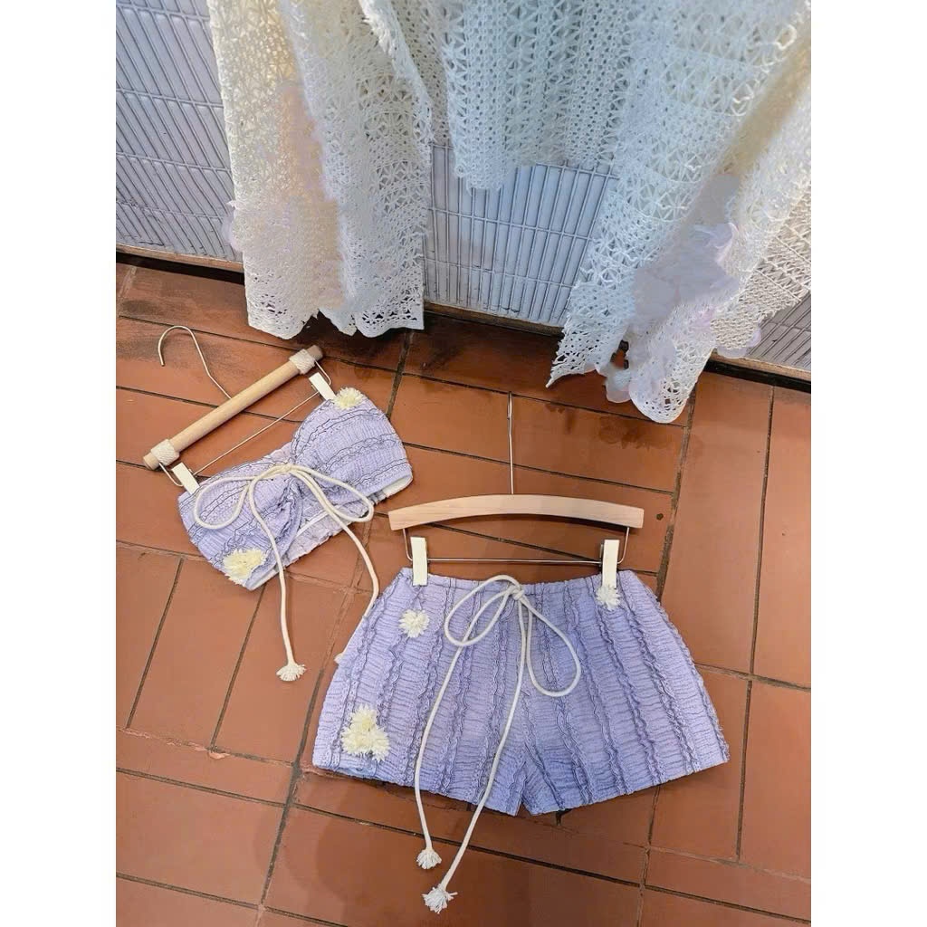 [ BKN 1016 ] Bikini thiết kế ba món REN SHORT đính hoa kèm khăn choàng ren nữ tính HAN.T SHOP