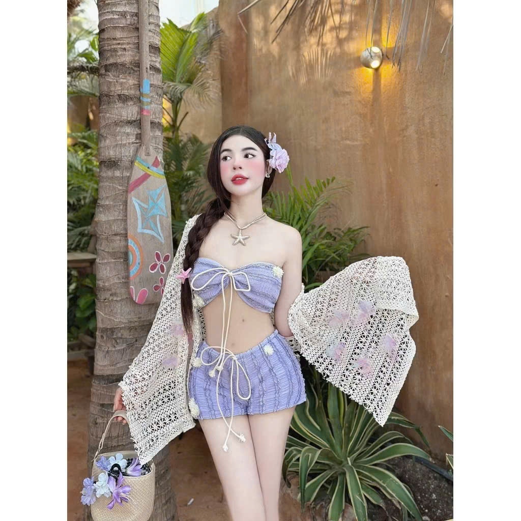 [ BKN 1016 ] Bikini thiết kế ba món REN SHORT đính hoa kèm khăn choàng ren nữ tính HAN.T SHOP