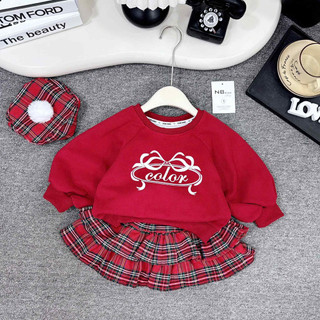 Váy Thu Đông, Sét Áo Nỉ Ép 2 Da Nơ Đỏ mix Váy Kẻ Caro Cho Bé Gái