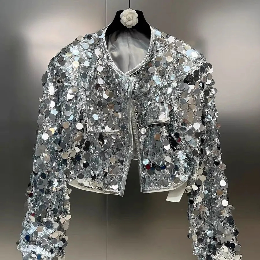 CA003 Áo Khoác Thời Trang Dáng Ngắn Đính Sequin Tròn Bản Lớn Lấp Lánh Sang Trọng Cá Tính