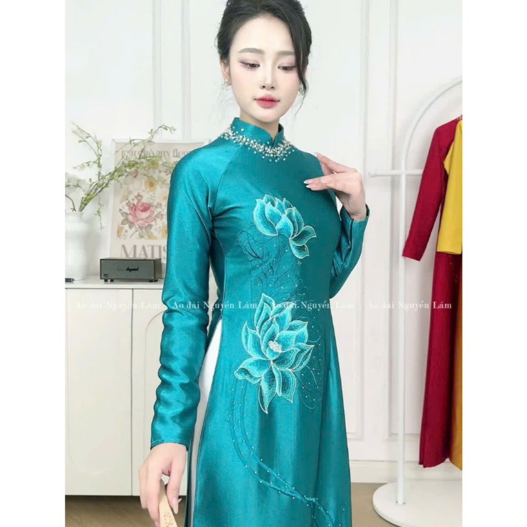 Áo dài Y Liên - Áo dài cho mẹ sui lụa ruby thêu tinh tế, điểm đá 7 màu cổ đính thủ công cao cấp, cổ cao 2,5p tà A