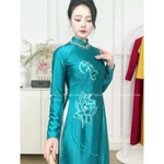 Áo dài Y Liên - Áo dài cho mẹ sui lụa ruby thêu tinh tế, điểm đá 7 màu cổ đính thủ công cao cấp, cổ cao 2,5p tà A — ảnh 3