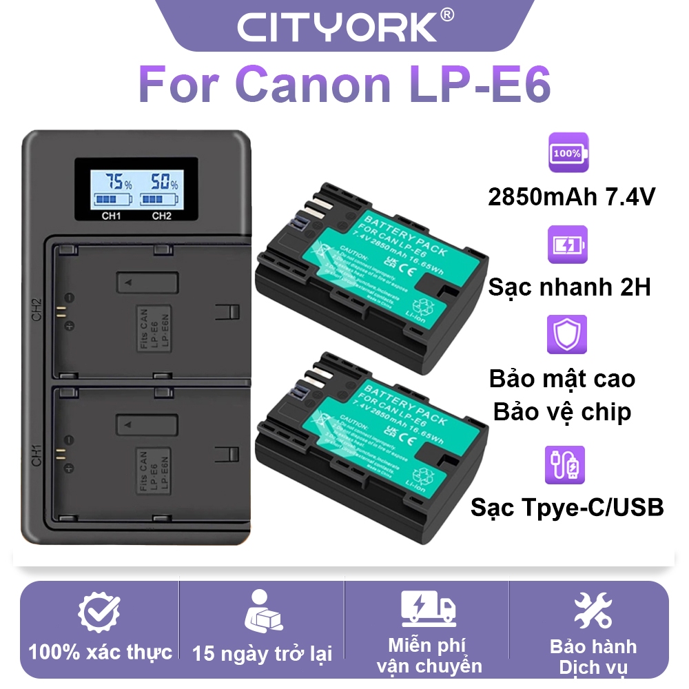 CITYORK Bộ Pin LP-E6 2850mAh+Hộp sạc Cho Máy ảnh Canon R R5 R6 5D 6D 7D ...
