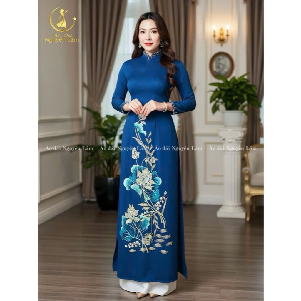 Áo dài Liên Chi - Áo dài mẹ sui thiết kế cao cấp lụa Mango màu cổ vịt sạng trọng, hoạ tiết thêu, tà rộng, cổ cao tay dài