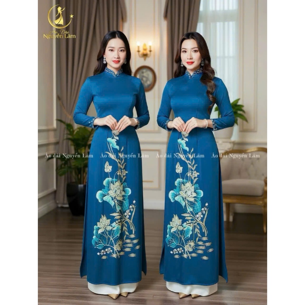 Áo dài Liên Chi - Áo dài mẹ sui thiết kế cao cấp lụa Mango màu cổ vịt sạng trọng, hoạ tiết thêu, tà rộng, cổ cao tay dài