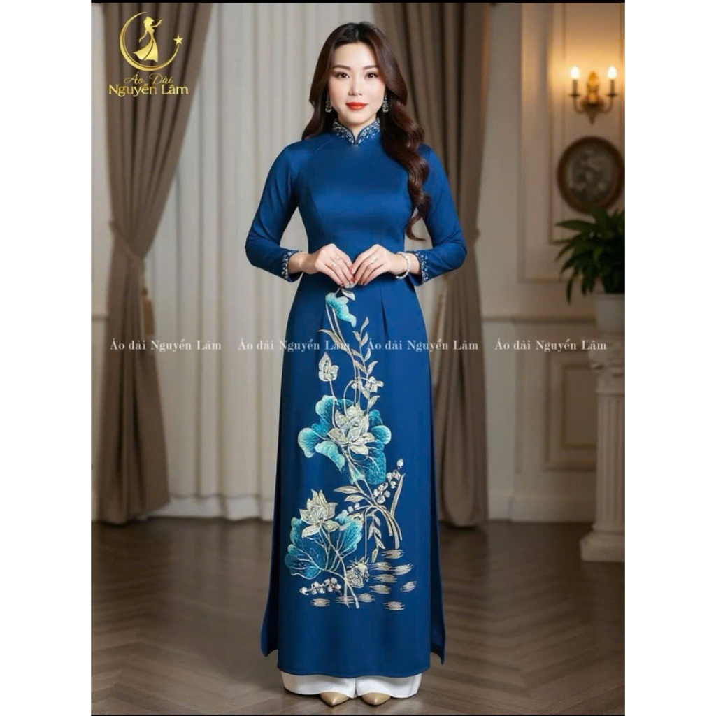 Áo dài Liên Chi - Áo dài mẹ sui thiết kế cao cấp lụa Mango màu cổ vịt sạng trọng, hoạ tiết thêu, tà rộng, cổ cao tay dài