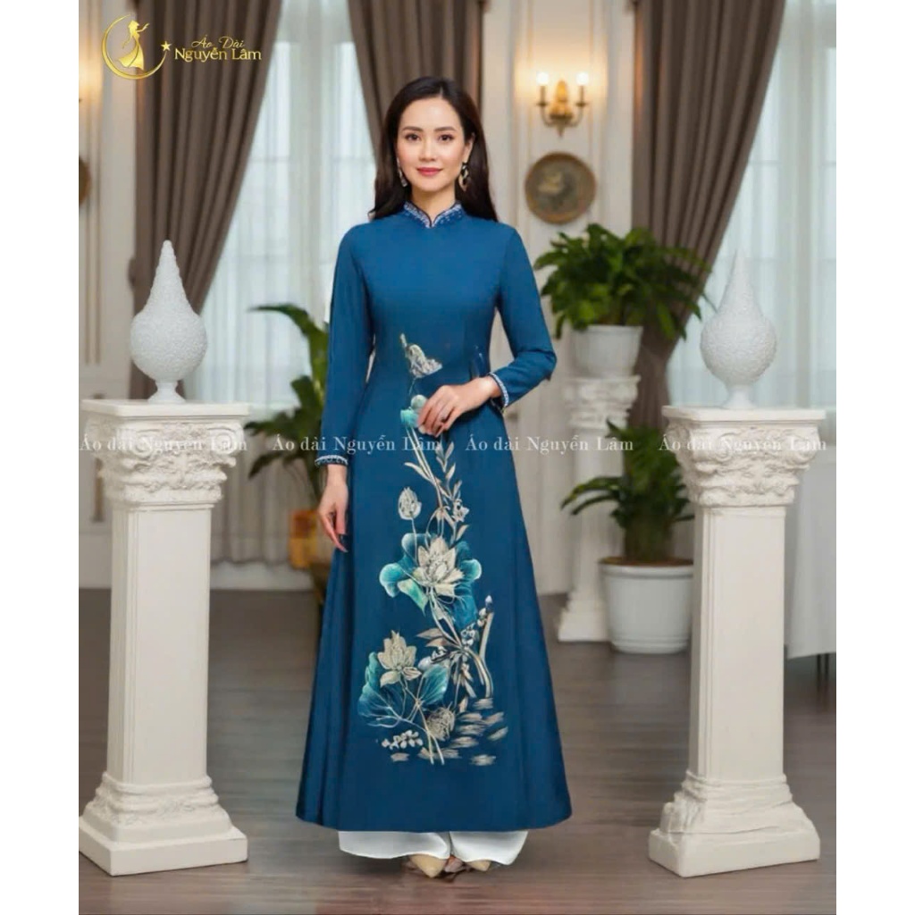 Áo dài Liên Chi - Áo dài mẹ sui thiết kế cao cấp lụa Mango màu cổ vịt sạng trọng, hoạ tiết thêu, tà rộng, cổ cao tay dài