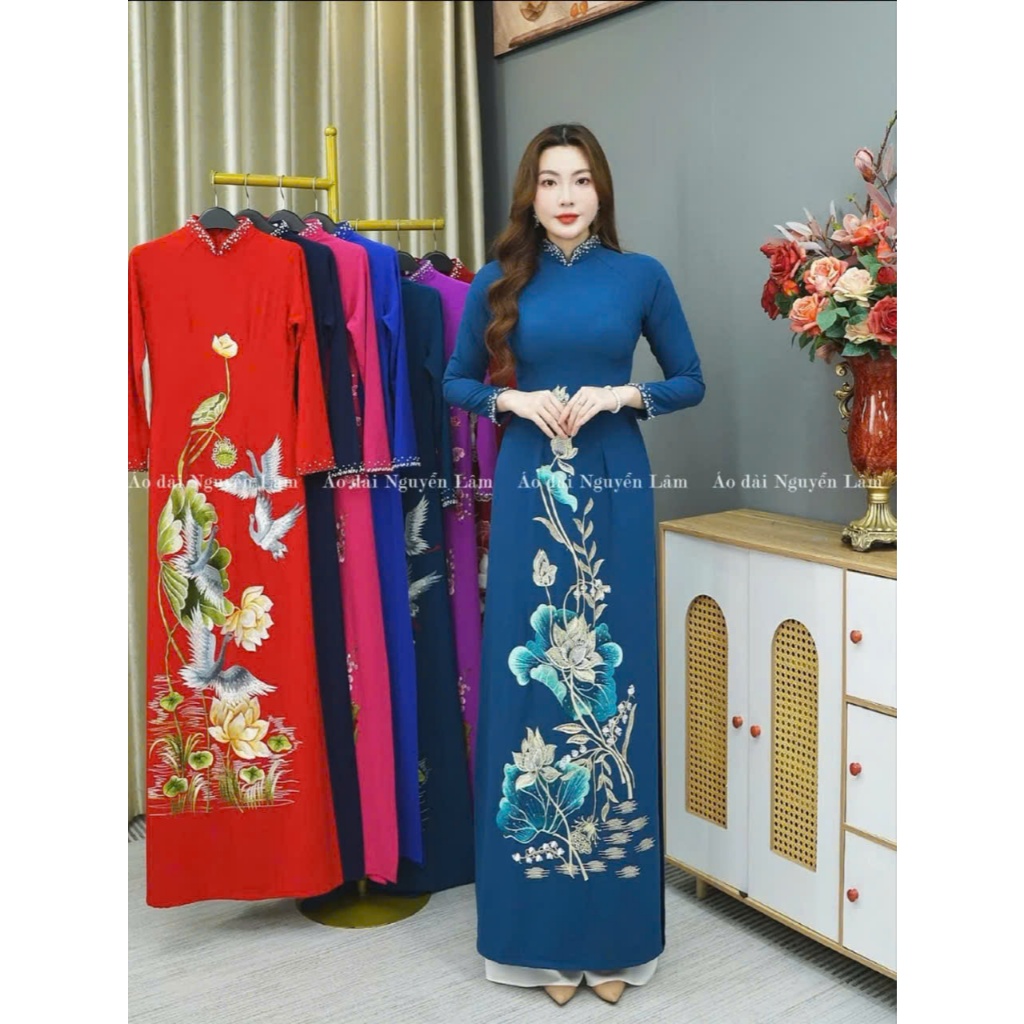 Áo dài Liên Chi - Áo dài mẹ sui thiết kế cao cấp lụa Mango màu cổ vịt sạng trọng, hoạ tiết thêu, tà rộng, cổ cao tay dài
