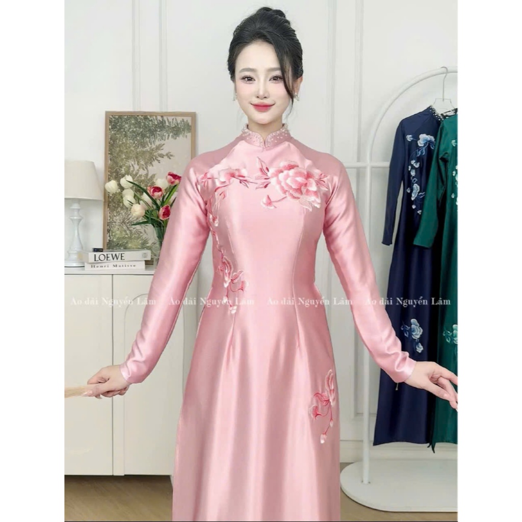 Áo dài Hồng Ngọc - Lụa ruby thêu tinh tế, cổ đính thủ công cao cấp, cổ cao 2,5p tay dài, tà A, Áo Dài Nguyễn Lâm