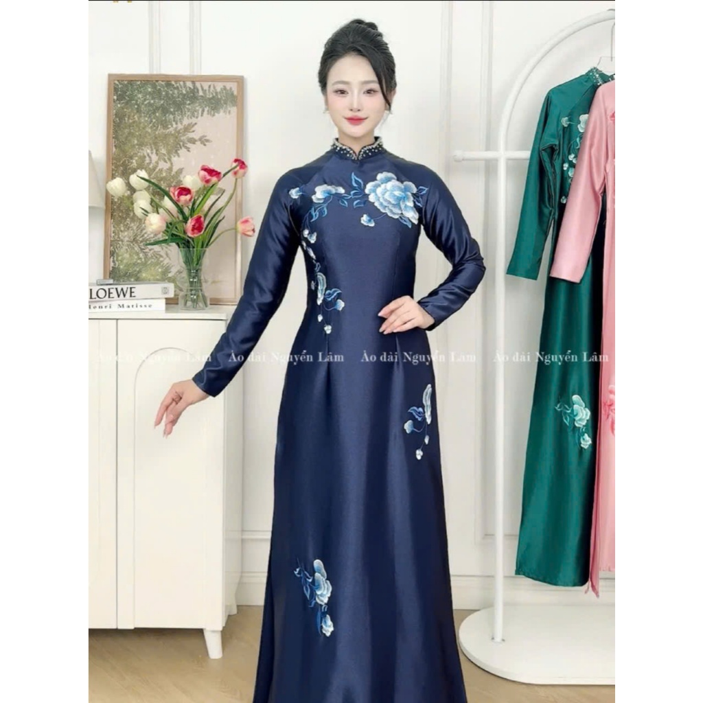 Áo dài Hồng Ngọc - Lụa ruby thêu tinh tế, cổ đính thủ công cao cấp, cổ cao 2,5p tay dài, tà A, Áo Dài Nguyễn Lâm