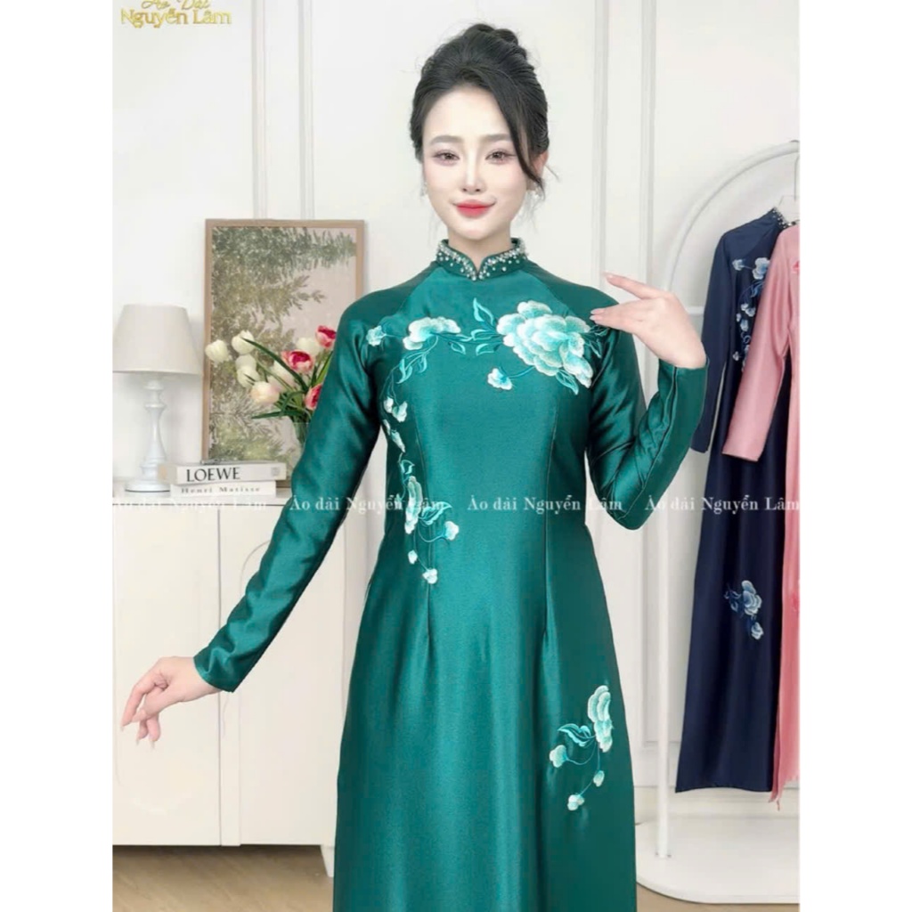 Áo dài Hồng Ngọc - Lụa ruby thêu tinh tế, cổ đính thủ công cao cấp, cổ cao 2,5p tay dài, tà A, Áo Dài Nguyễn Lâm