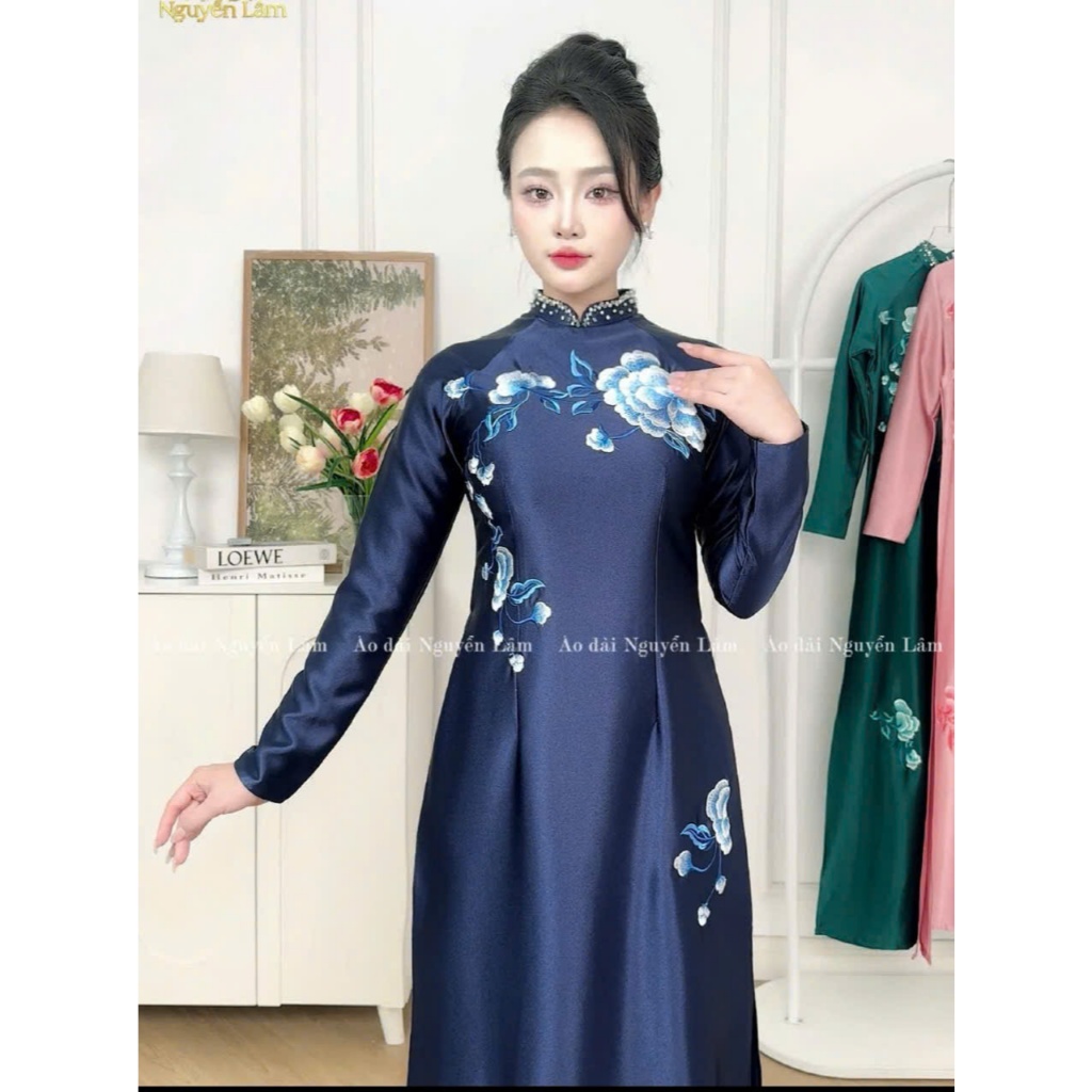 Áo dài Hồng Ngọc - Lụa ruby thêu tinh tế, cổ đính thủ công cao cấp, cổ cao 2,5p tay dài, tà A, Áo Dài Nguyễn Lâm