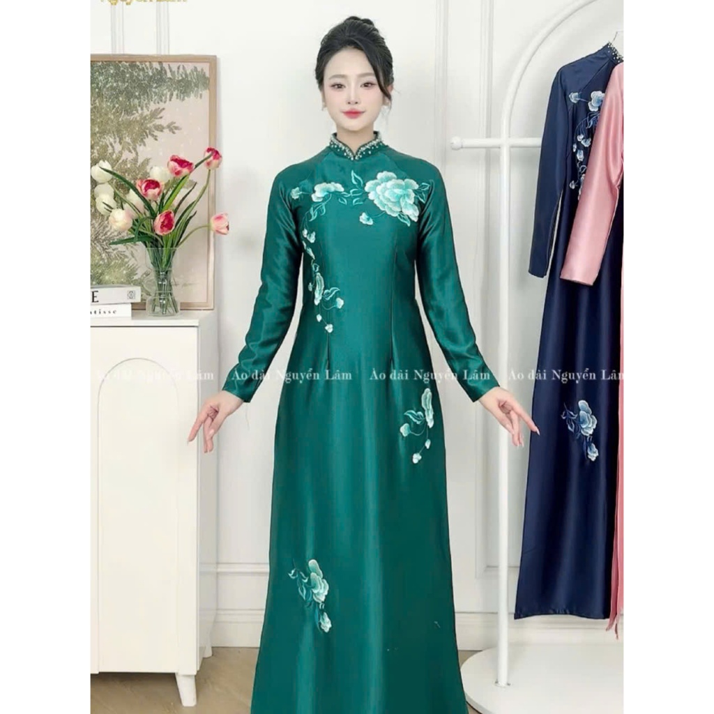Áo dài Hồng Ngọc - Lụa ruby thêu tinh tế, cổ đính thủ công cao cấp, cổ cao 2,5p tay dài, tà A, Áo Dài Nguyễn Lâm