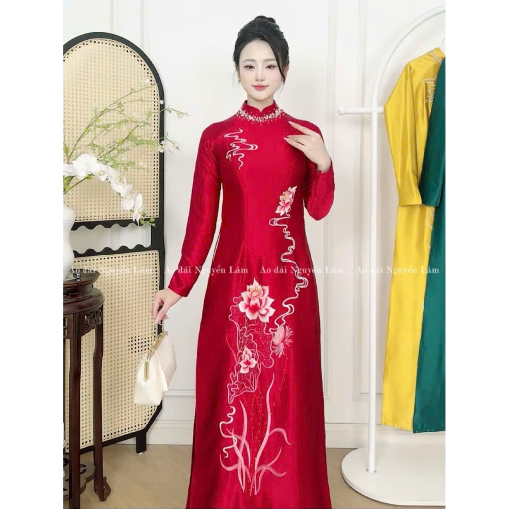 Áo dài Bích Liên - Áo dài mẹ sui lụa ruby thêu tinh tế, cổ cao 2,5p đính đá thủ công cao cấp, tà A thướt tha