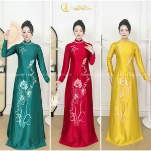 Áo dài Bích Liên - Áo dài mẹ sui lụa ruby thêu tinh tế, cổ cao 2,5p đính đá thủ công cao cấp, tà A thướt tha