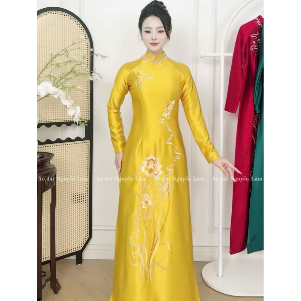 Áo dài Bích Liên - Áo dài mẹ sui lụa ruby thêu tinh tế, cổ cao 2,5p đính đá thủ công cao cấp, tà A thướt tha