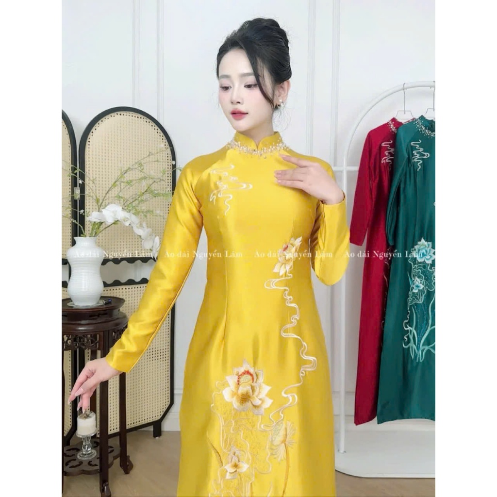 Áo dài Bích Liên - Áo dài mẹ sui lụa ruby thêu tinh tế, cổ cao 2,5p đính đá thủ công cao cấp, tà A thướt tha