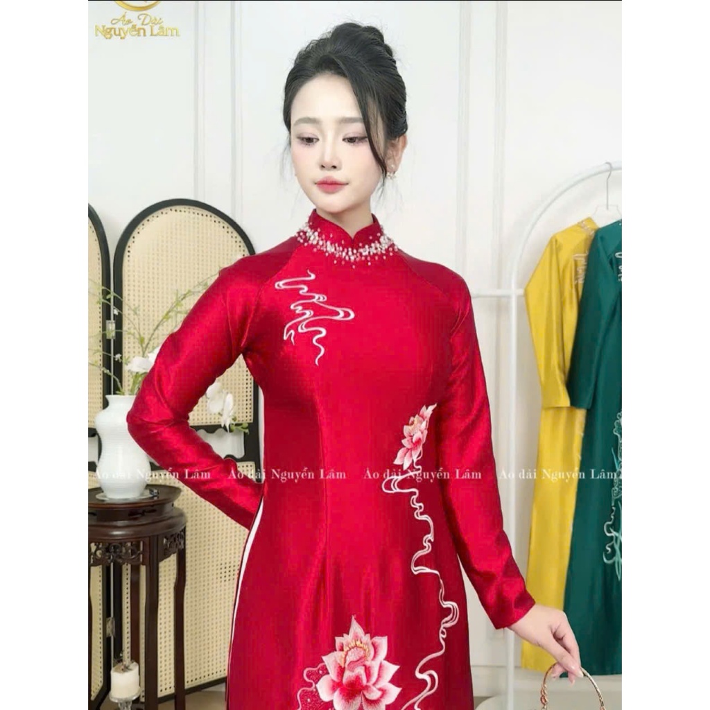 Áo dài Bích Liên - Áo dài mẹ sui lụa ruby thêu tinh tế, cổ cao 2,5p đính đá thủ công cao cấp, tà A thướt tha