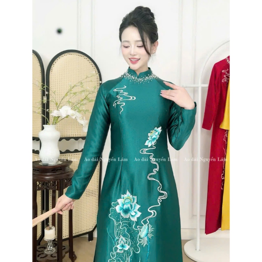 Áo dài Bích Liên - Áo dài mẹ sui lụa ruby thêu tinh tế, cổ cao 2,5p đính đá thủ công cao cấp, tà A thướt tha