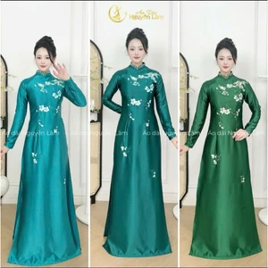 Áo dài Ngọc Quyên lụa ruby thêu tinh tế, cổ cao 2,5p đính thủ công cao cấp, tay dài, áo tà A thướt tha