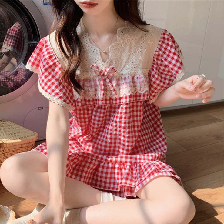 Đồ Bộ Ngủ Nữ Mùa Hè Tay Ngắn Caro Bigsize Mặc Nhà Form Rộng Mát Mẻ Dáng Tiểu Thư – PONA