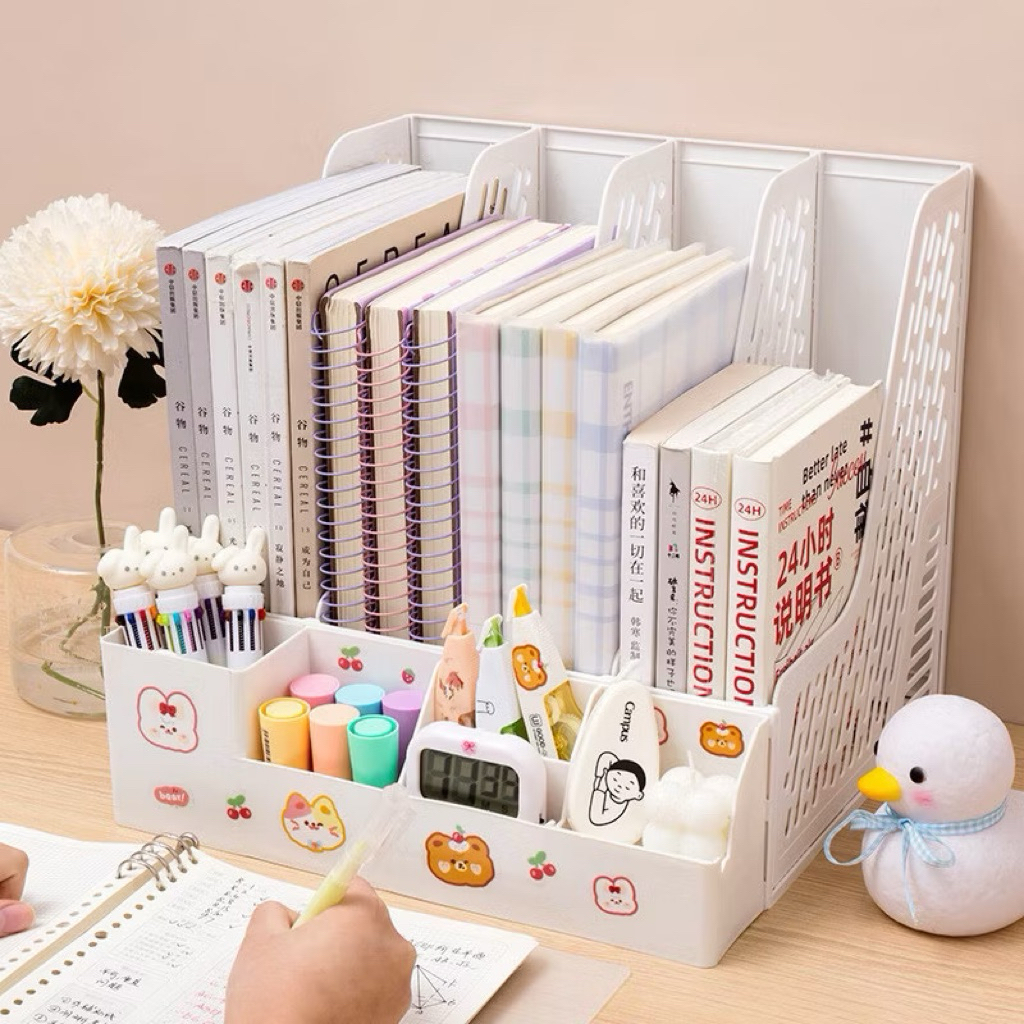 [Tặng Sticker] Giá Để Tài Liệu,  4 Ngăn, 2 tầng. Kệ Nhựa Đựng Sách Decor Bàn Học. Đựng bút