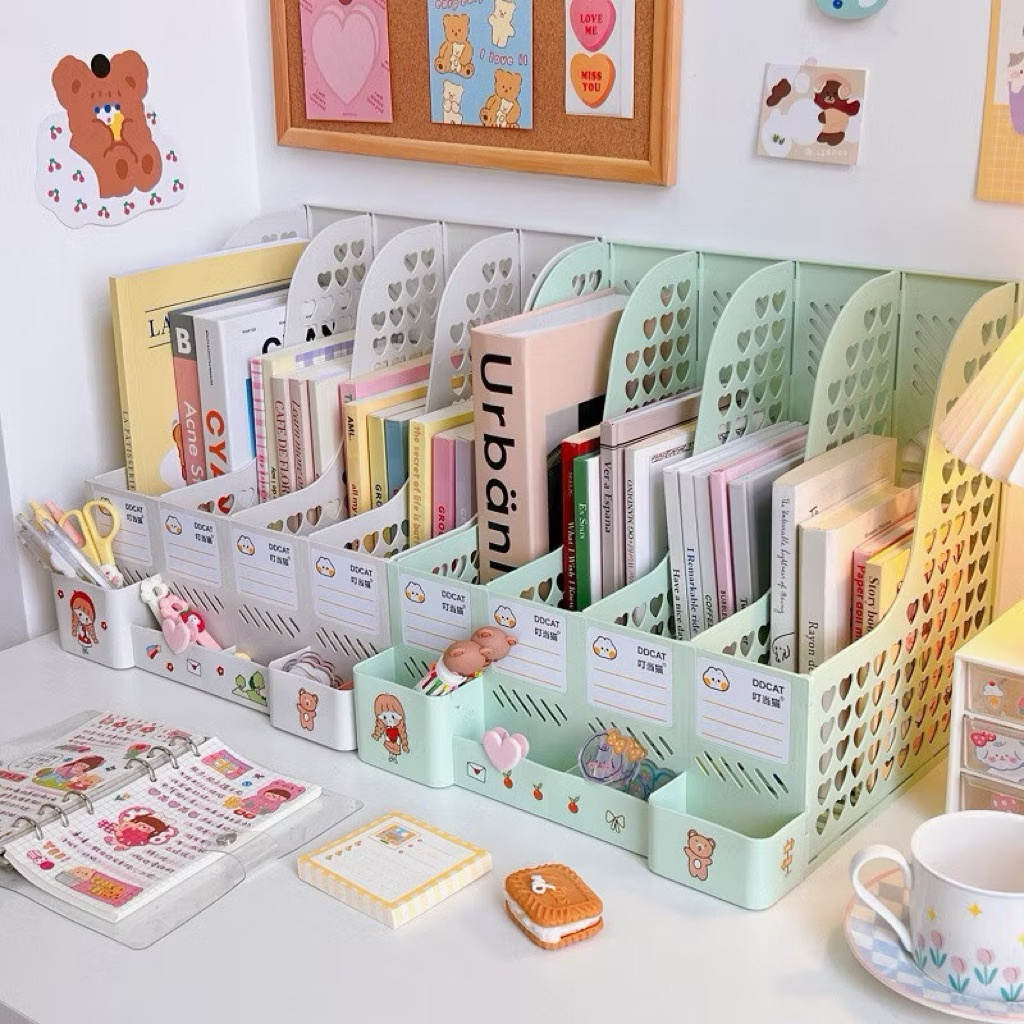 [Tặng Sticker] Giá Để Tài Liệu,  4 Ngăn, 2 tầng. Kệ Nhựa Đựng Sách Decor Bàn Học. Đựng bút