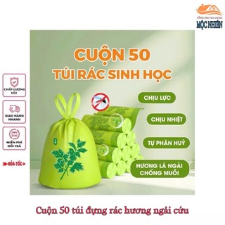 [Ngải cứu] Cuộn 50 túi đựng rác hương ngải cứu xua đuổi côn trùng, có dây rút, tự hủy sinh học - siêu dai, tiện dụng