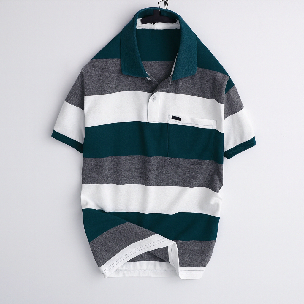 Áo Thun Nam Trung Niên Kẻ Sọc Ngang vải thun mềm mịn hút mồ hôi bền màu, Form Polo Ba Sọc Cotton Thoáng Mát Thanh Lịch