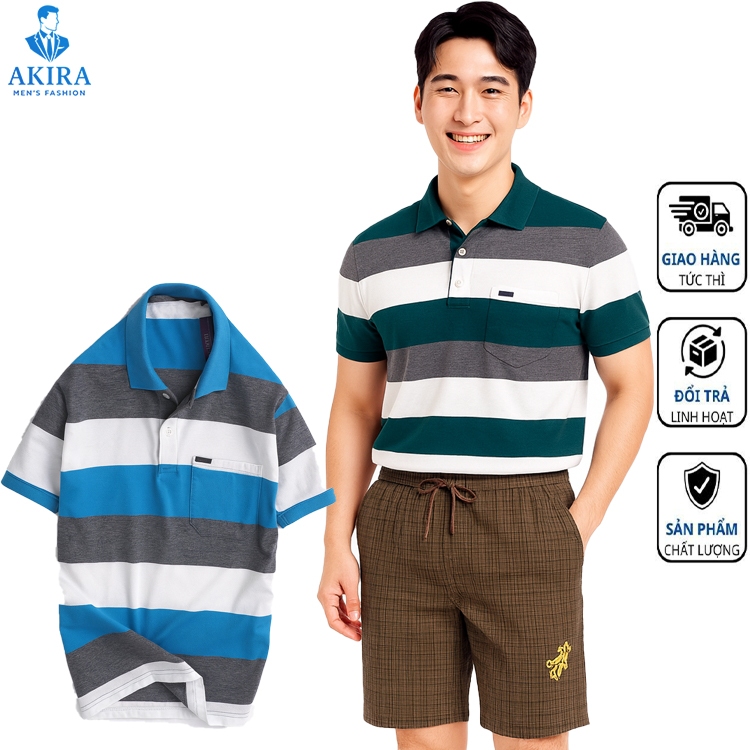 Áo Thun Nam Trung Niên Kẻ Sọc Ngang vải thun mềm mịn hút mồ hôi bền màu, Form Polo Ba Sọc Cotton Thoáng Mát Thanh Lịch