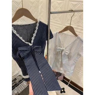 Áo Kiểu Bèo Kẻ Sọc Cổ Tim Phối Ren Kèm Nơ Xinh Xắn Đáng Yêu, Áo Kẻ Sọc Cổ Tim Dễ Thương Tiểu Thư
