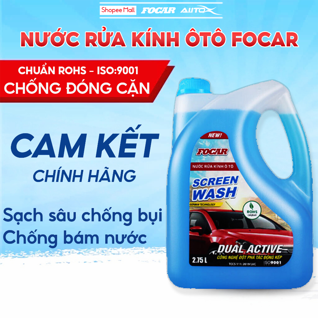 Nước rửa kính ô tô FOCAR công nghệ chống bám nước làm sạch kính vượt trội không đóng cặn không làm mờ và ố kính