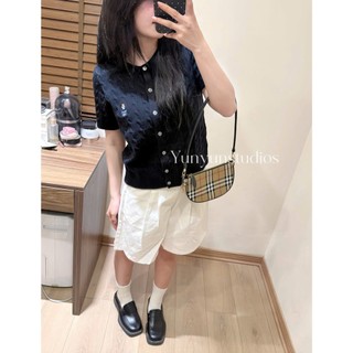 Áo cardigan len thừng cộc tay phối kẻ thêu gấu W 247store Cardigan nữ đi học đi làm Back To School