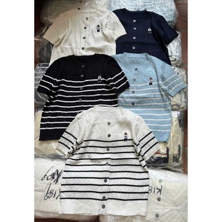 Áo cardigan len thừng cộc tay phối kẻ thêu gấu W 247store Cardigan nữ đi học đi làm Back To School