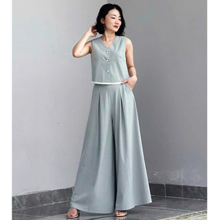 Áo Sát Nách Nữ Cổ Tim Phối Quần Suông Ống Rộng Khoá Sườn VIEN TRAN V65D25H037 V64W25H007