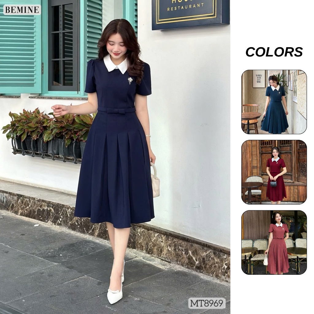 Đầm thiết kế cổ sen eo đính nơ tùng xếp ly BEMINE MT8969