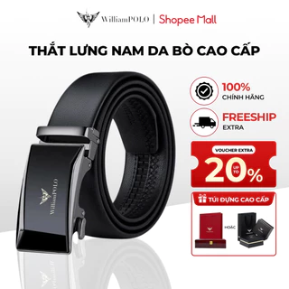 Thắt lưng nam da bò Williampolo mặt khóa bạc kính chính hãng cao cấp POLO20187-89