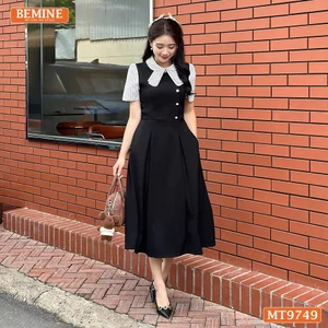 Đầm thiết kế BEMINE cổ sen có nơ may liền phối sọc dáng A xòe phù hợp đi làm, đi chơi-MT9749