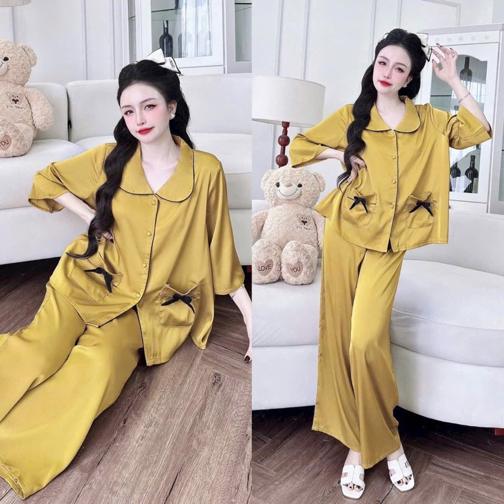 45-65kg bộ pijama viền nơ 2 túi tay loe lỡ lụa mịn latin