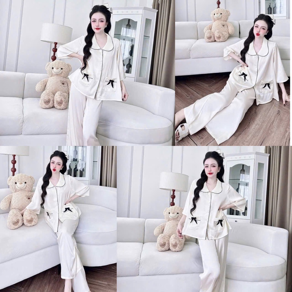 45-65kg bộ pijama viền nơ 2 túi tay loe lỡ lụa mịn latin
