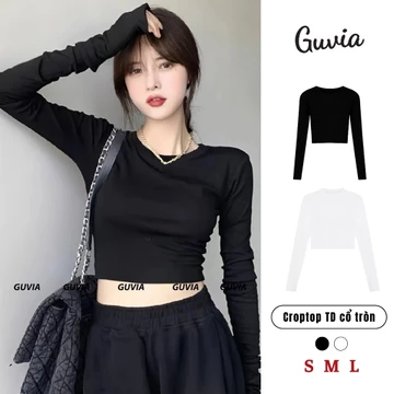 Áo Croptop Tay Dài GUVIA CỔ TRÒN Nữ Ôm Body Chất Tốt, Áo Thun gân kiểu nữ dài tay mặc đẹp CR21