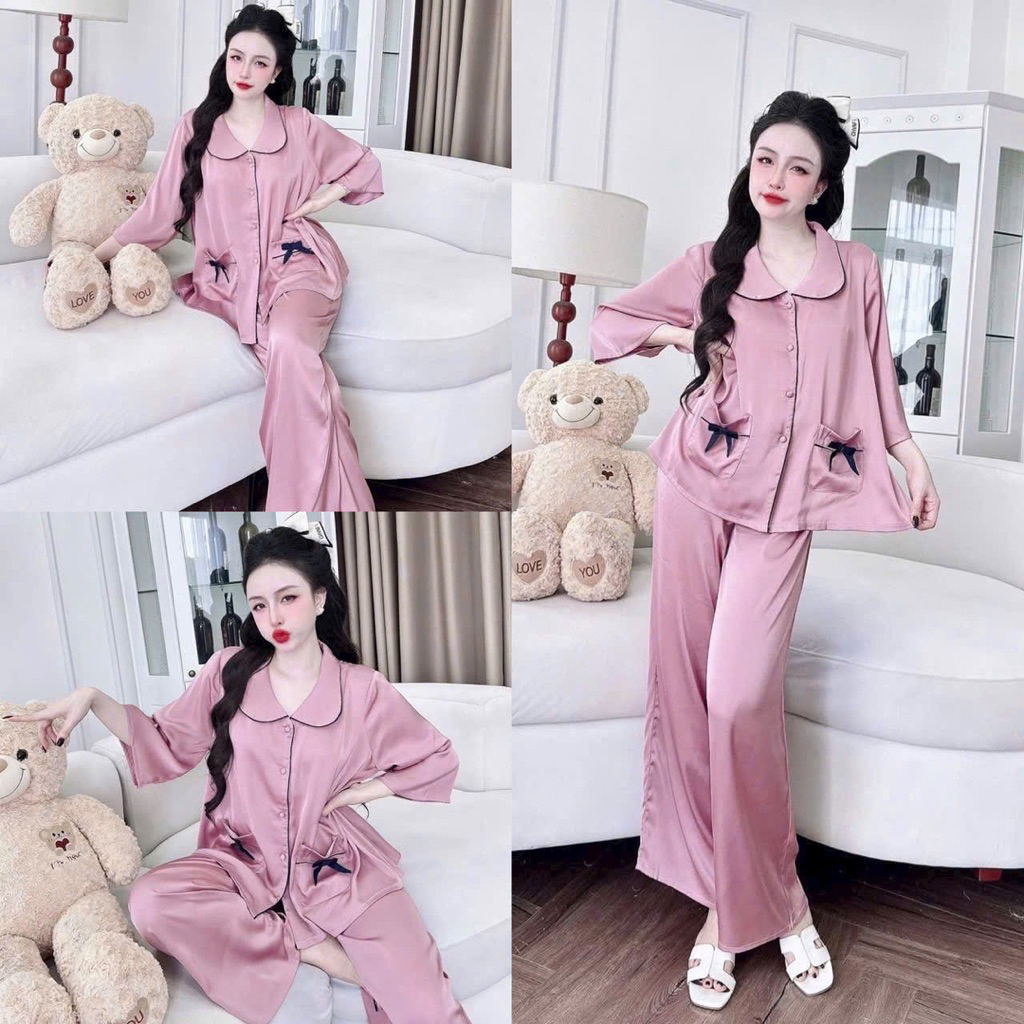 45-65kg bộ pijama viền nơ 2 túi tay loe lỡ lụa mịn latin